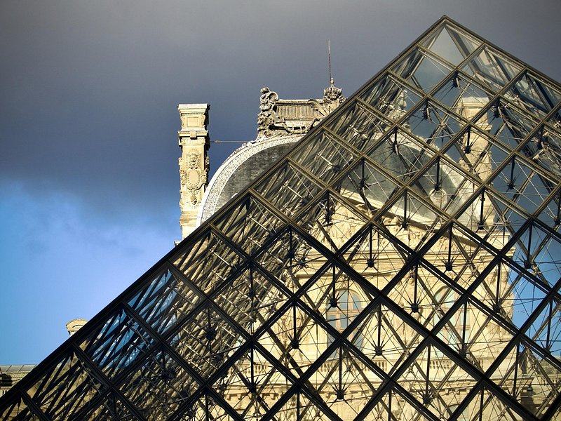 The glass pyramid in the Louvre courtyard seen from below